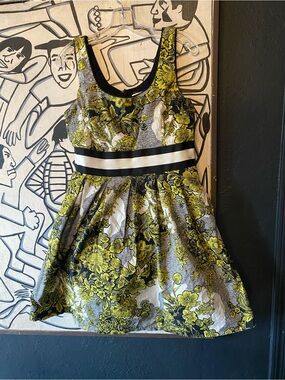 Weston Yellow Floral Fit-and-Flare Dress with Black and White Trim